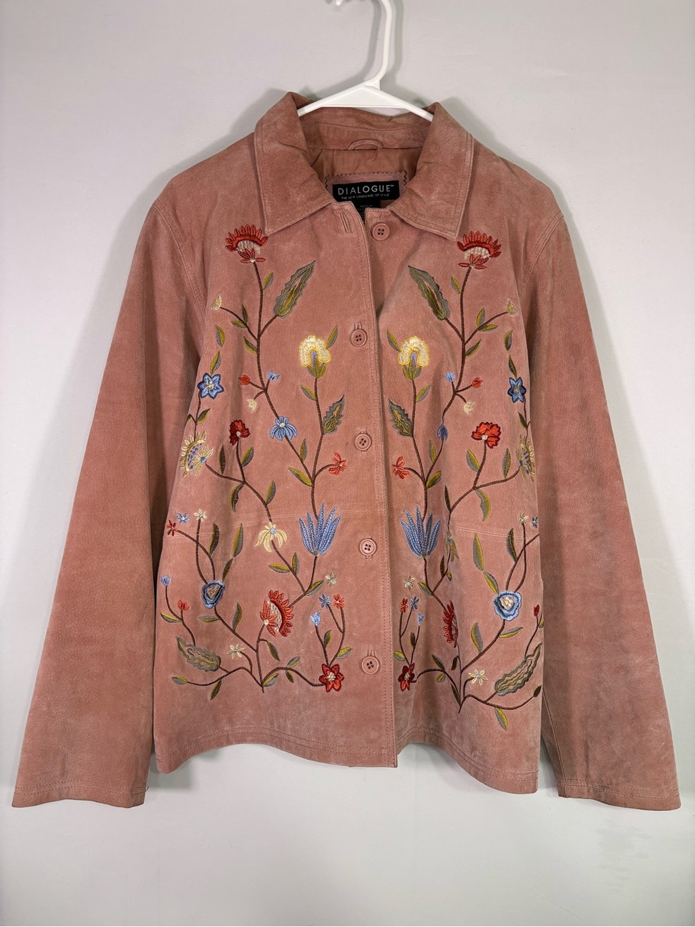 Vintage Pink Suede Leather Jacket Embroidered Floral Boho Cottagecore Medium